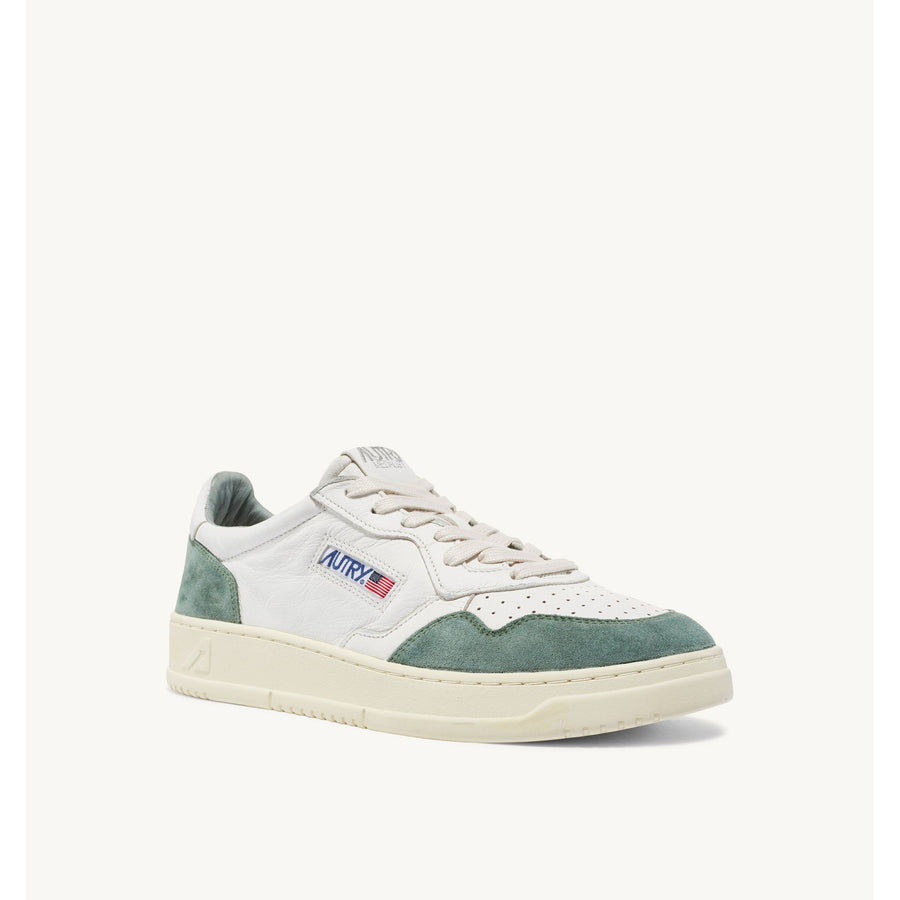 MEDALIST LOW SNEAKERS IN WHITE GOATSKIN AND HUNTER GREEN SUEDE